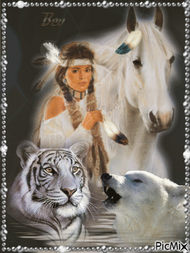 Woman. horse, wolf, tiger - Ingyenes animált GIF