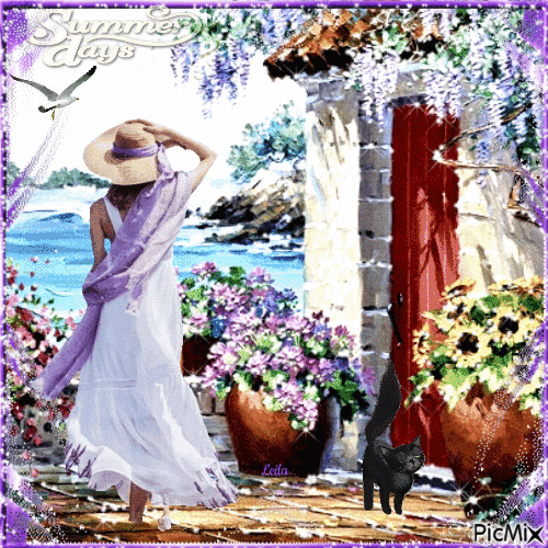 Summer days. Woman, cat, house with views - Free animated GIF