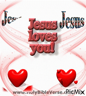 JESUS LOVES YOU, TWO CCROSSES THAT SAY JESUS, AND 2 LARGE HEARTS THROWING OUT SMALL ONES. AND SOME RED FRAMING. - GIF animasi gratis
