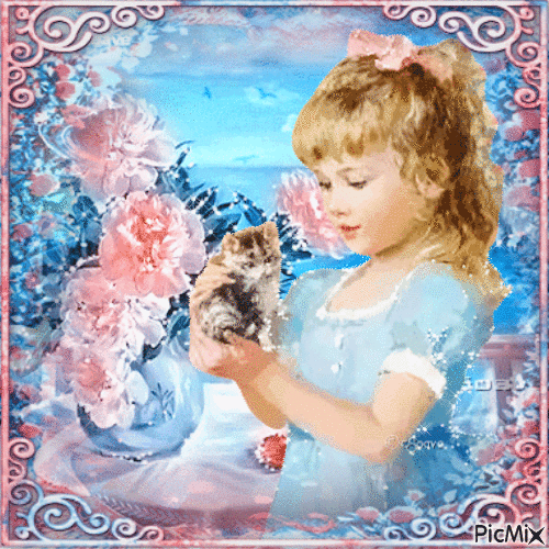 Girl and cat - Pink and blue tones - Бесплатный анимированный гифка