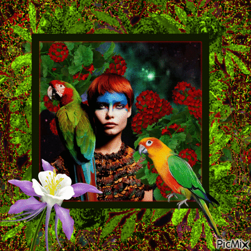 Girl and parrots - 免费动画 GIF