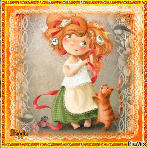 little girland her cat - Animovaný GIF zadarmo