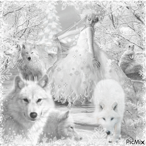 Woman and wolf in winter - All in white - GIF animé gratuit