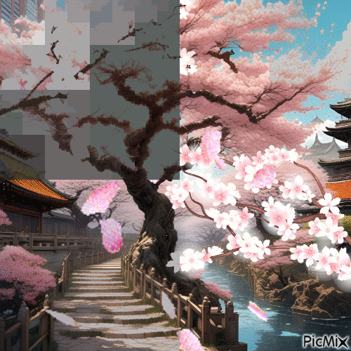 Cherry blossom landscape - Zdarma animovaný GIF