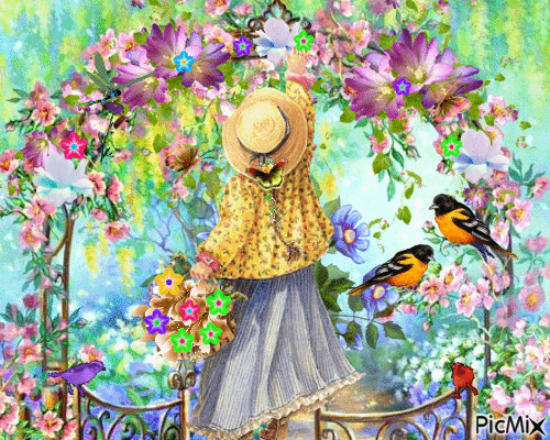 birds, flowers, and butterflies around a fence post. - Бесплатный анимированный гифка