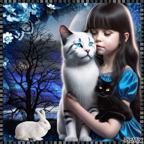 A girl, two cats and a rabbit - 免费动画 GIF