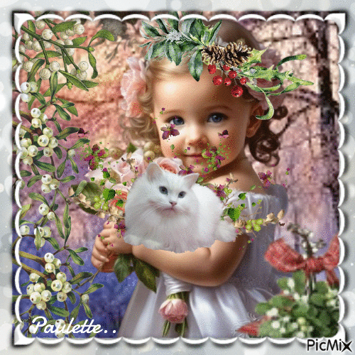 petite fille avec chat blanc dans les bras - Gratis animeret GIF