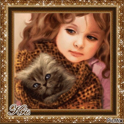fille avec un chat - Δωρεάν κινούμενο GIF