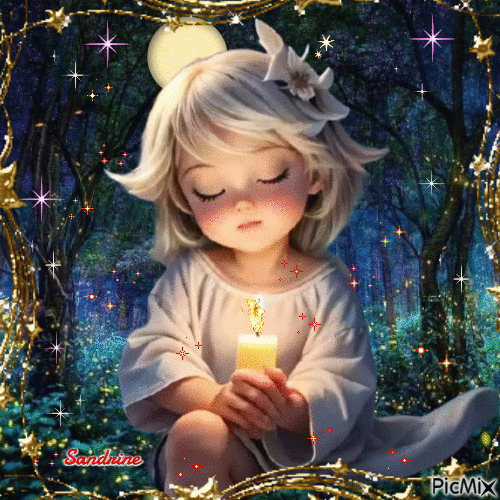 Petite fille dans les bois dans la nuit au clair de lune - Free animated GIF