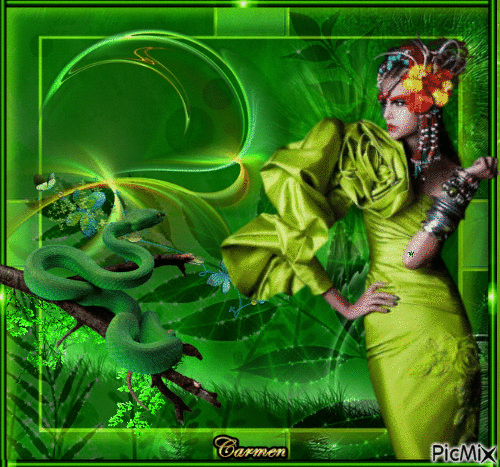 Portrait d'une femme et le serpent en vert - Darmowy animowany GIF