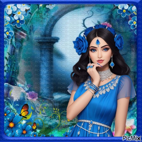 Femme en bleu avec une rose bleue - darmowe png