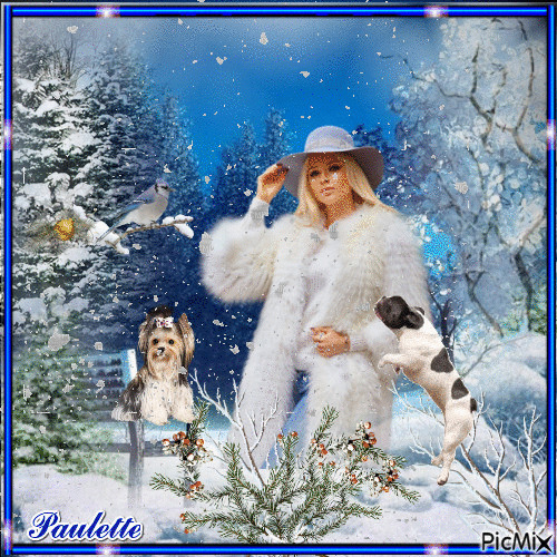 la dame et ses chiens en hiver - Безплатен анимиран GIF