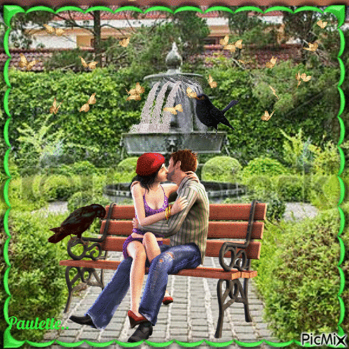 couple devant la fontaine - GIF animé gratuit