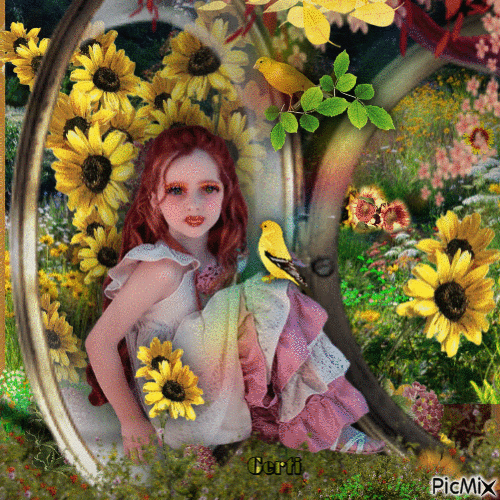 Little girl among sunflowers - Free animated GIF