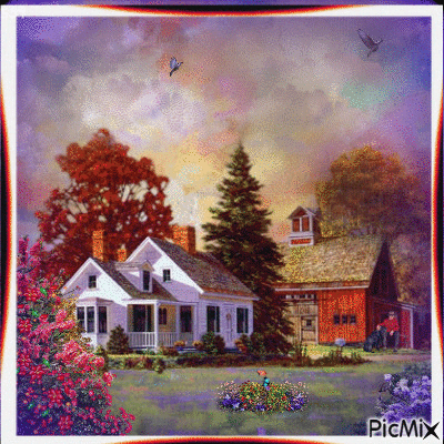 OLD FARM HOME, FALL LEAVES, SOE FLOWERS, AND BUTTERFLIES, AN OLD MAN ON A BENCH WITH HIS DOGS, AND MANY COLORS OF CLOUDS BILLOWING IN. - Animovaný GIF zadarmo