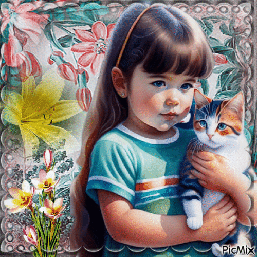 Fille et son chat - Free animated GIF