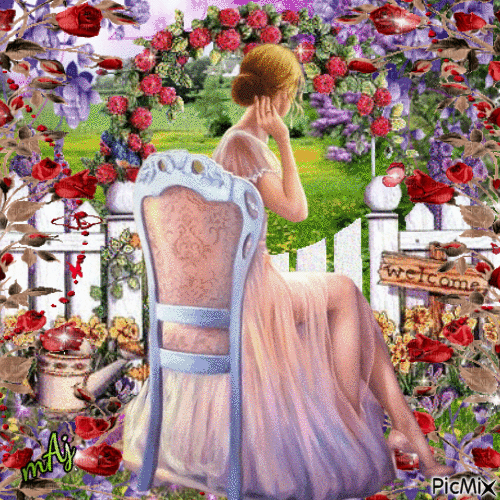 Concours "Femme assise au milieu de fleurs printanières" - GIF animé gratuit