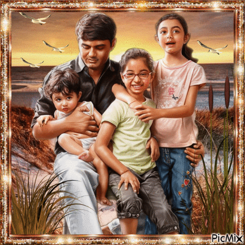 Porträt... Ein Vater mit seinen Kindern am Meer - GIF animé gratuit