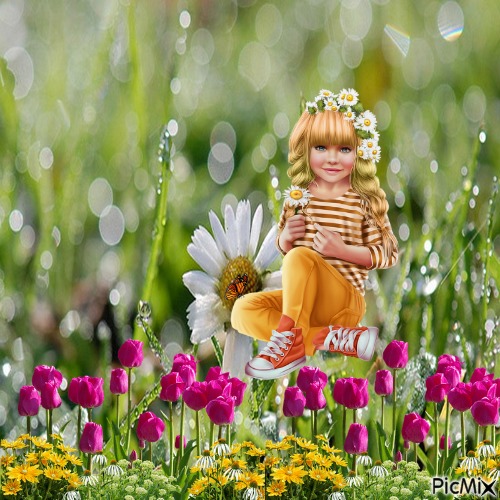 girl, daisies, tulips - bezmaksas png