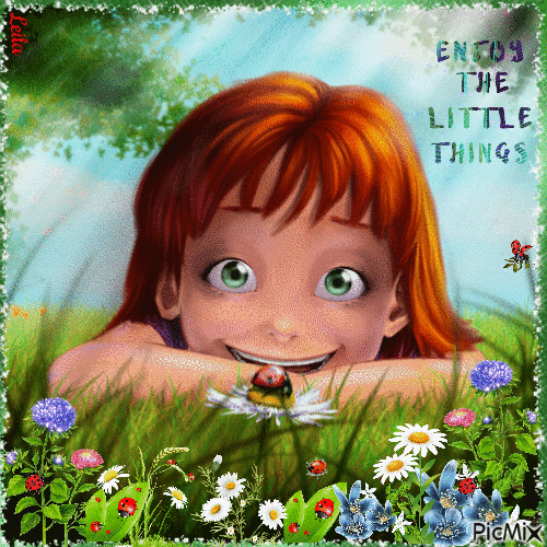 Enjoy the little thing. Ladybug. Red-haired girl - Bezmaksas animēts GIF