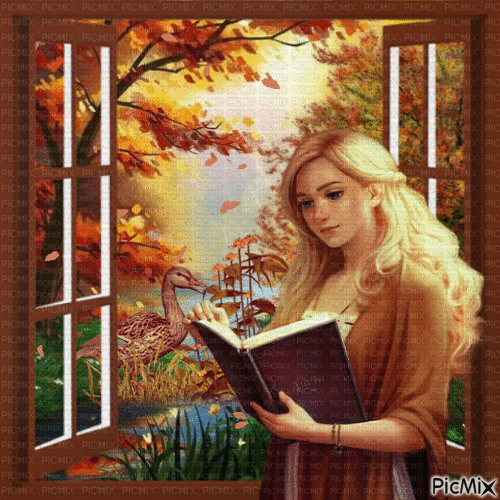 Lire un livre en automne. - GIF animado grátis