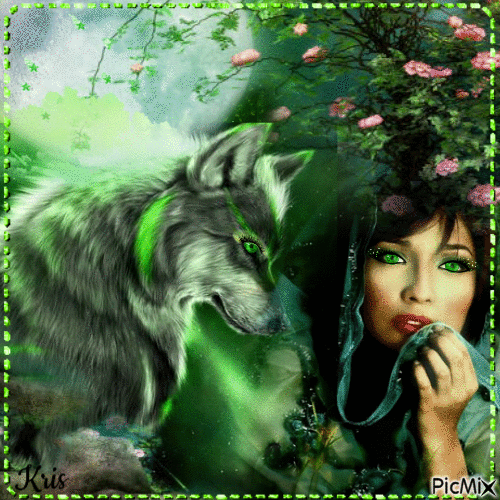 Loup et femme en vert - Gratis geanimeerde GIF
