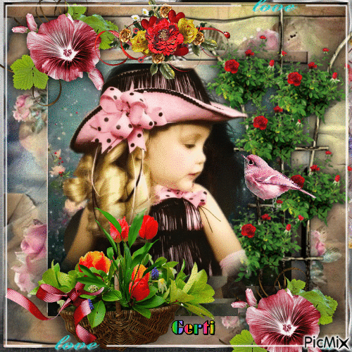 Portrait with little lady among flowers - GIF animate gratis