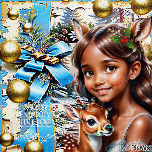 Frohe Weihnachten - Kind mit einem Hirsch - 無料のアニメーション GIF