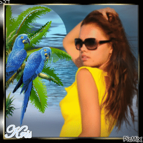 Femme en jaune et bleu - Gratis animerad GIF