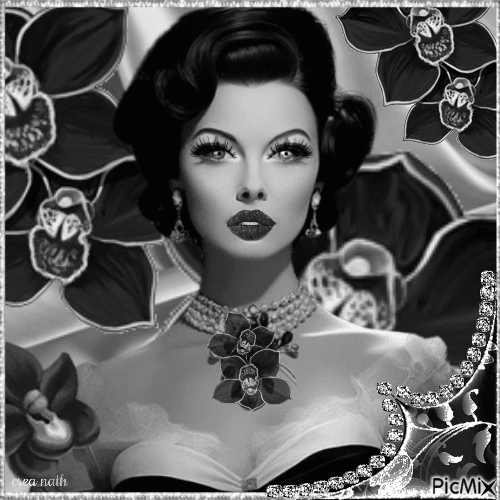 Femme élégante vintage avec orchidées en noir et gris - GIF animé gratuit