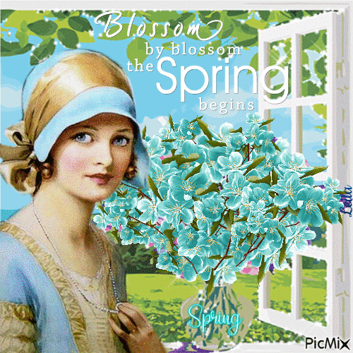 Spring begins. Window, flowers, woman - Animovaný GIF zadarmo