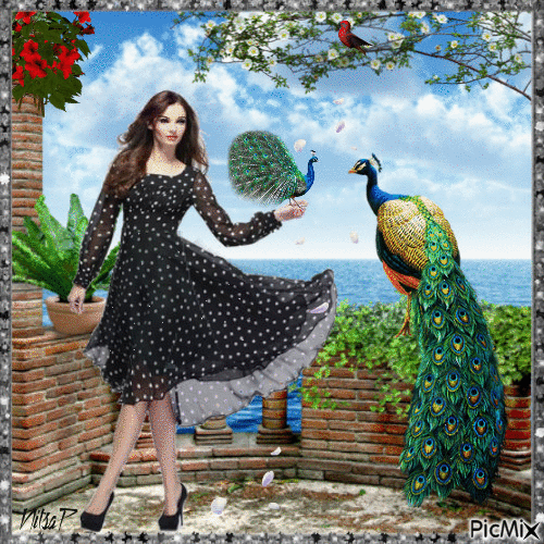Girl and peacock - Δωρεάν κινούμενο GIF