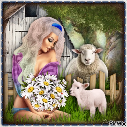 Woman w Sheep-RM-01-31-24 - Free PNG