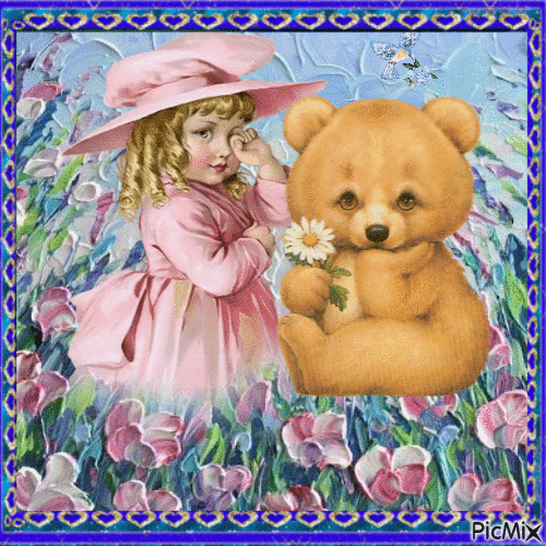 Kleines Mädchen mit Teddybär - Vintage - Gratis geanimeerde GIF