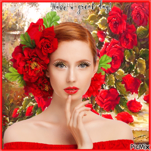 Woman with red roses. Have a Great day - Animovaný GIF zadarmo