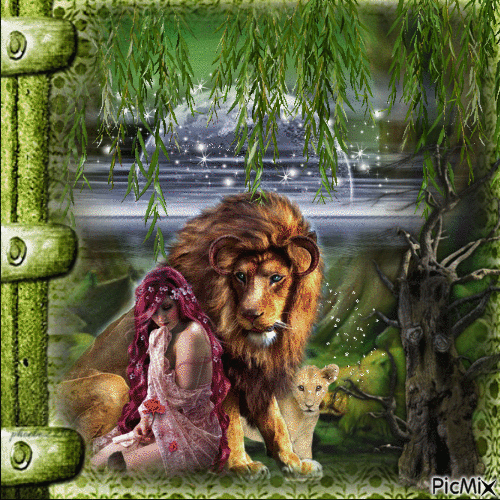 Löwe und Frau im Mondschein - Ilmainen animoitu GIF
