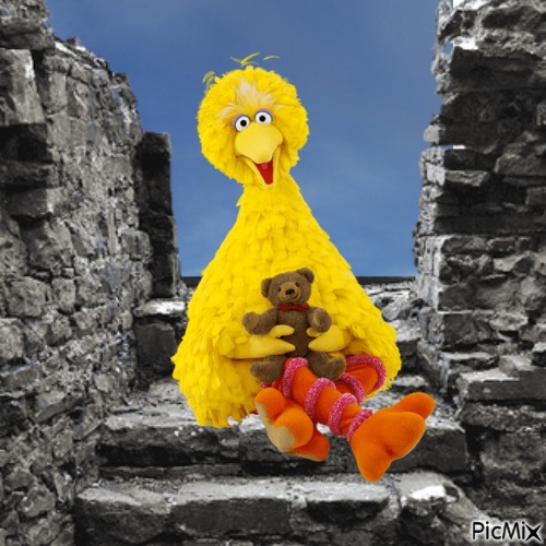 Big Bird and Radar on stone steps - gratis png
