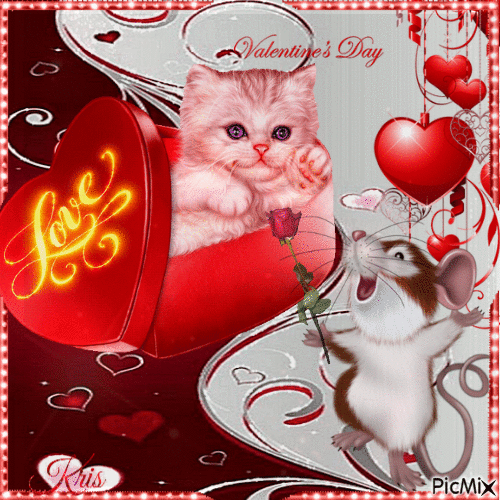 Le chat et la souris de la Saint-Valentin - GIF animé gratuit