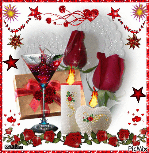 Wine, roses and candle. - GIF animado gratis