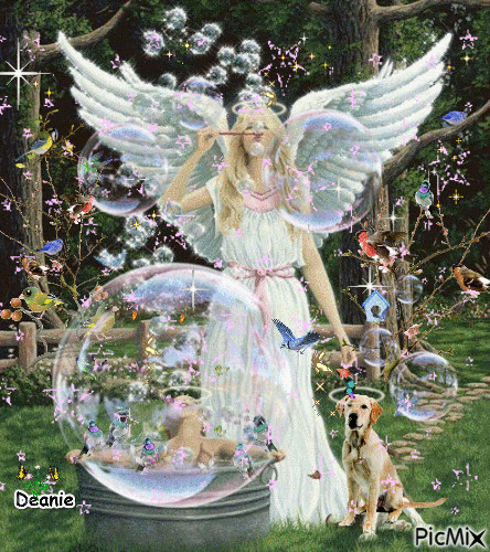 Angel Blowing Bubbles among twittering birds at twlight - Free animated GIF