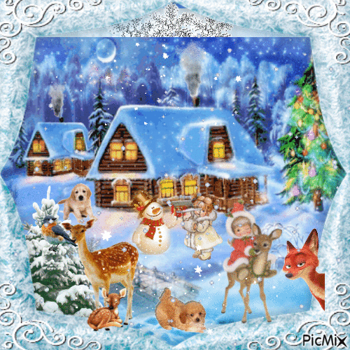 Magic Winter with childrens and animals - GIF animé gratuit