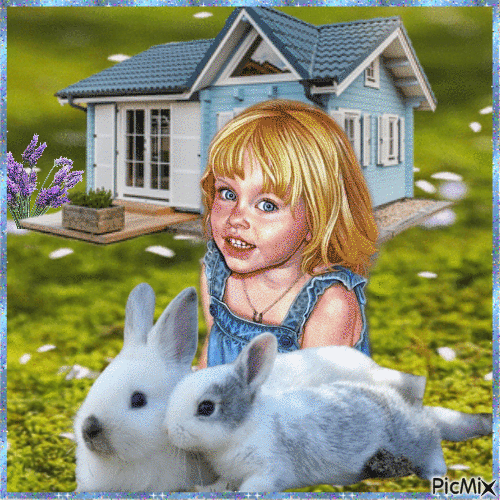 Frühlingskind mit Kaninchen - 免费动画 GIF