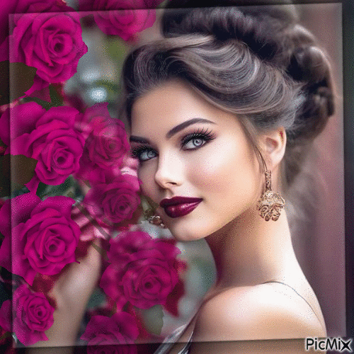 Девушка с розами. - Animovaný GIF zadarmo