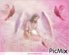 AN ANGEL HELPING A PINK DOVE, WHILE THE BIG DOVES LOOK ON. A LIGHT FKASHES SHOWING THE PINK PICTURE. - GIF animasi gratis