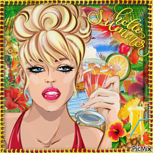 Summer girl with a cocktail - GIF animé gratuit