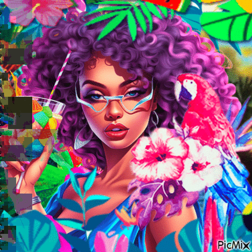Femme,tropical, perroquet - GIF animado grátis