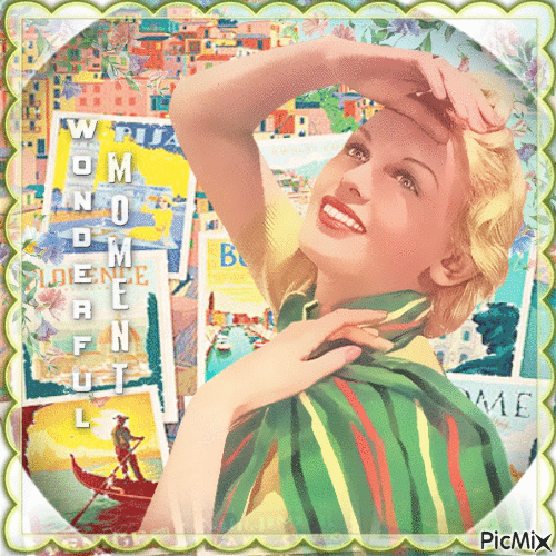 Woman vintage postcard summer - GIF animado grátis