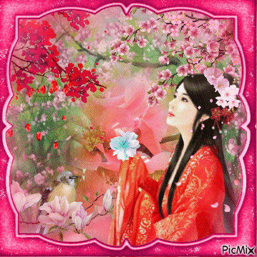 Cherry trees and woman - Free animated GIF