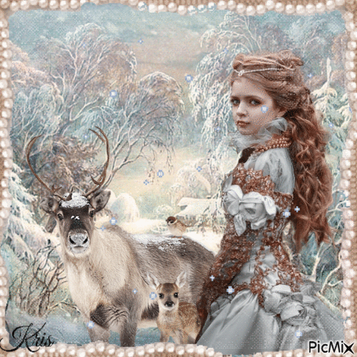 Femme en hiver et animal fantasy - Безплатен анимиран GIF