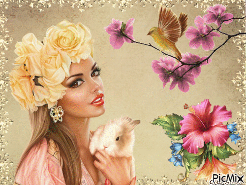 femme en fleurs avec un oiseau - 無料のアニメーション GIF